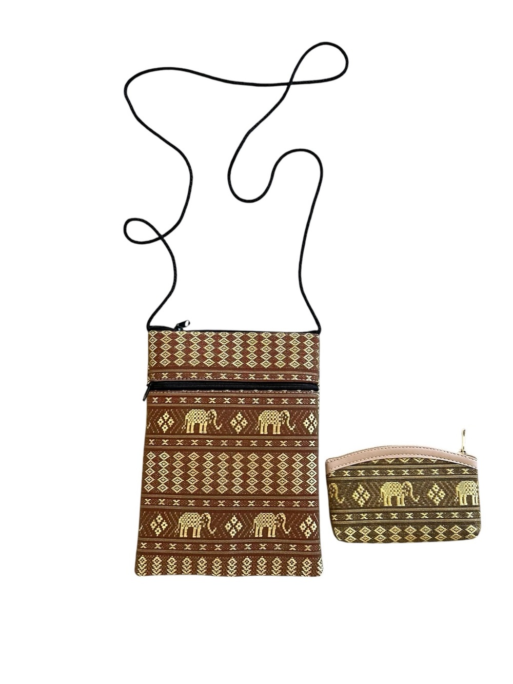 Gold woven fabric elephant print small crossbody sling bag pouch set